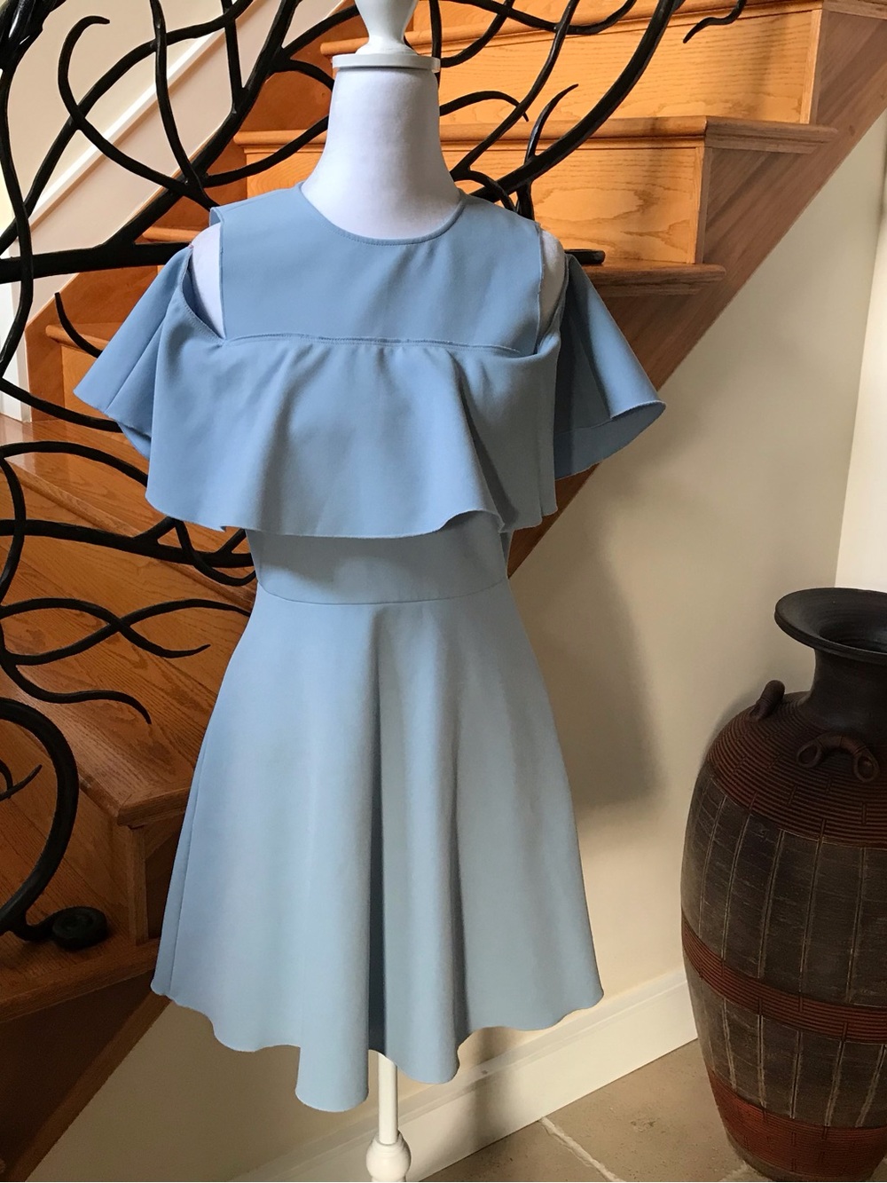 Zara Light Blue Cold-Shoulder Ruffle Mini Dress